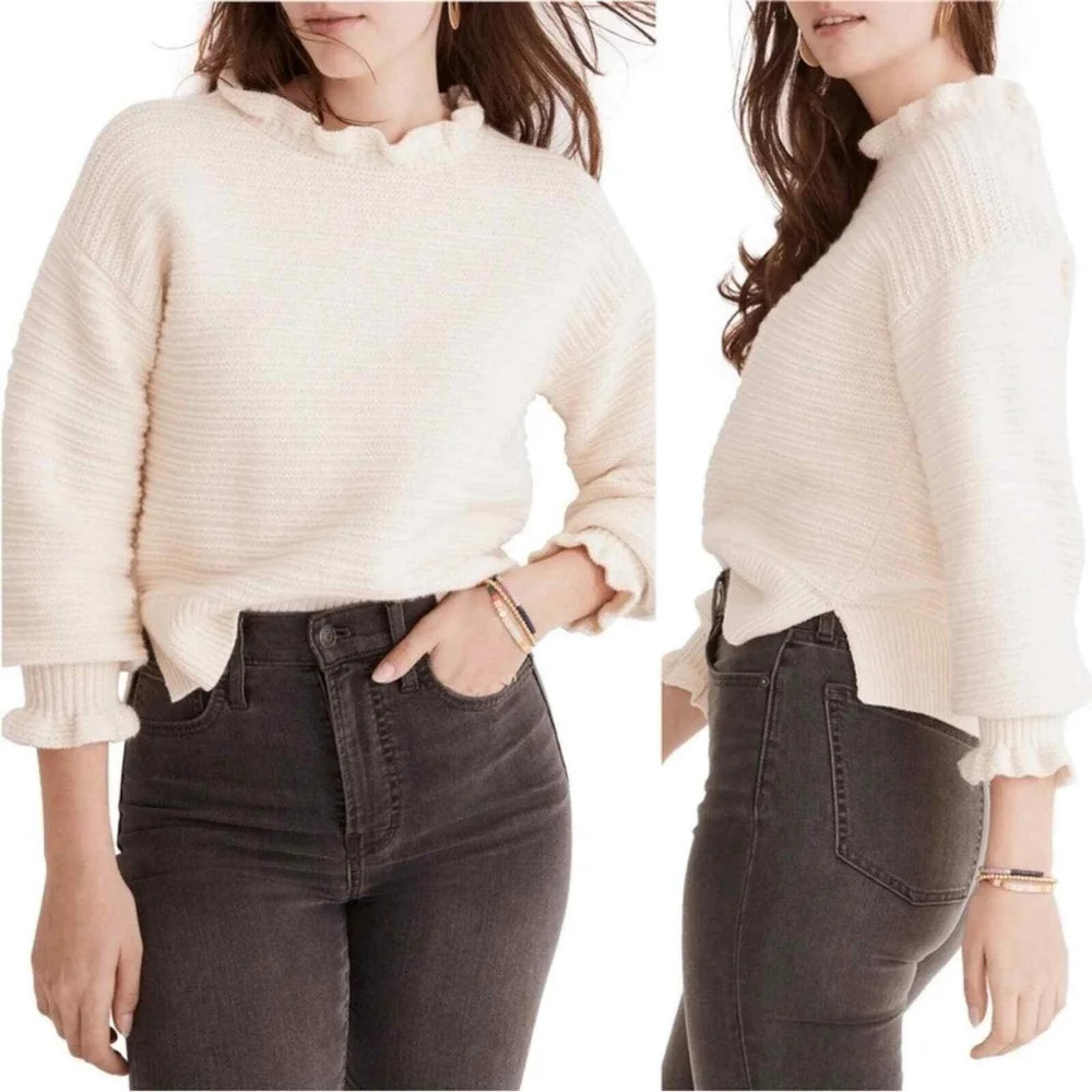 Madewell Women's ruffle neck pullover sweater merino wool blend size S …